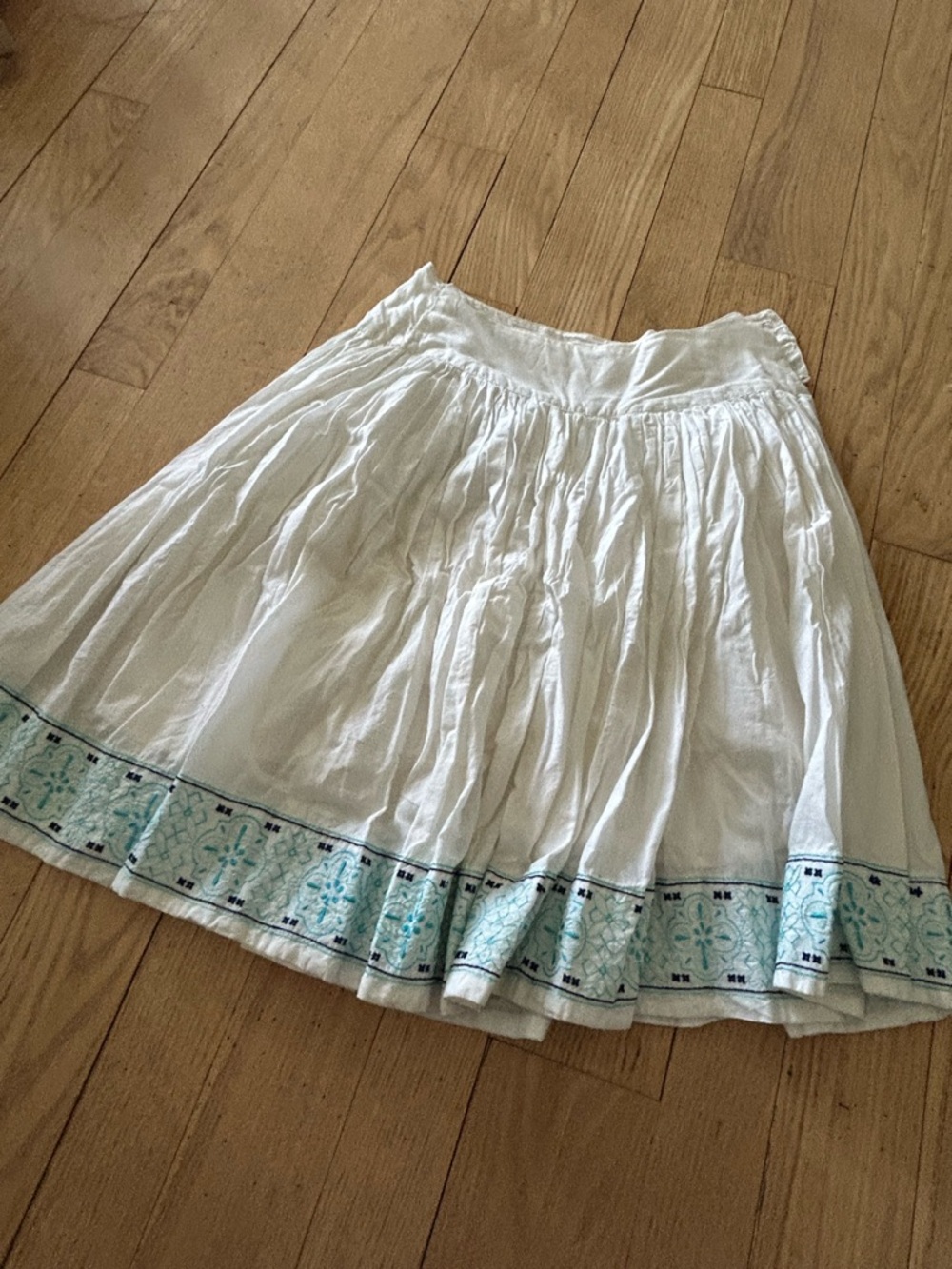 George White Cotton Skirt with Turquoise Hem Embroidery